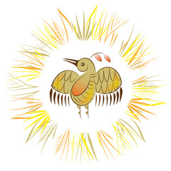 Nightingale in a circular ornament made of grass, vector