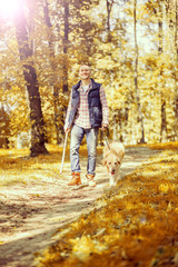 Fototapeta premium Young man walking a dog at the park in good weather. Boy and golden retriever. Autumn environment