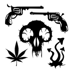 stencil set, black and white, gun, skull, cannabis, mushroom, vector