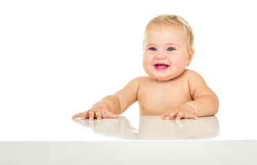 Beautiful smiling baby One, isolated on white.