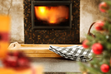 wooden table and fireplace 