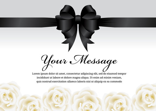 Funeral Card - Black Ribbon Bow And White Rose Flower Vector Design