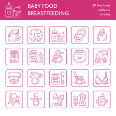 Modern vector line icon of breast feeding, baby infant food. Nursery elements - breast pump, woman, child, powdered milk, bottle sterilizer, baby. Linear pictogram for site, brochure
