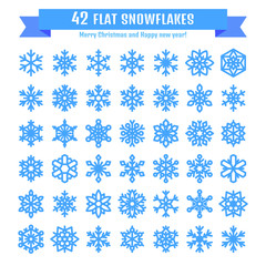 Cute snowflake collection isolated on white background. Flat snow icon, snow flakes silhouette. Nice snowflakes for christmas banner, cards. New year snowfall. Organic and geometric snowflakes set.