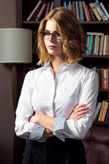 Beautiful girl, library, interior studio