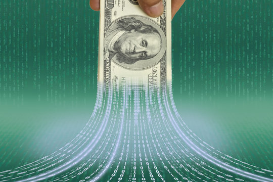 FINTEC concept image. US bank note with binary code on abstract digital code background.