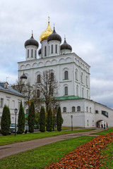Fototapeta na wymiar Trinity Cathedral in Pskov, Russia. Ancient temple in old fortress.