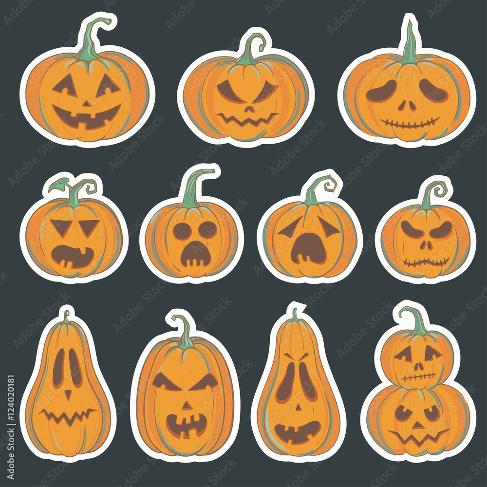 Canvas Prints Halloween stickers with carved pumpkins. Vector set of illustrations with Halloween pumpkins.