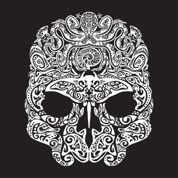 Skull tattoo in the style of Maori with marine life. Sea creatures