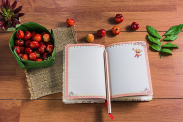 Cherry varieties in Thailand in a banana leaf krathong Placed on the Brown wooden tables