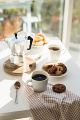 Early morning french home breakfast with coffee