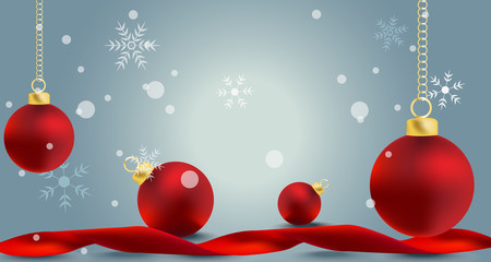 Christmas balls, red ribbon, and snowflake on abstract background