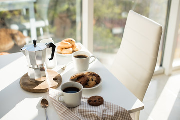 Early morning french home breakfast with coffee