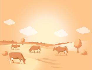 Landscape With Sepia Meadow And Cows. Beautiful Valley. Background For Label, Sticker, Print, Packing, Web. Vector Image. Gold Meadow Milk. Gold Meadow Farms. Meadow Gold Milk Logo.