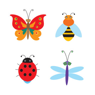Set Of Simple Flying Bugs. Vector Ladybug. Vector Dragonfly. Vector Butterfly. Vector Bee. Cartoon Bugs For Children. Insects Toys.