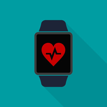 Smart Watch Icon With Heart Beat App Symbol. Vector Isolated Illustration.