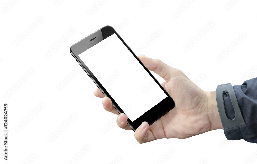 Poster smart phone in man hand isolated. blank screen of mobile device for mockup. white background.