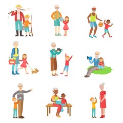 Fototapeta premium Grandparents And Kids Spending Time Together Set Of Illustrations