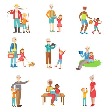 Grandparents And Kids Spending Time Together Set Of Illustrations