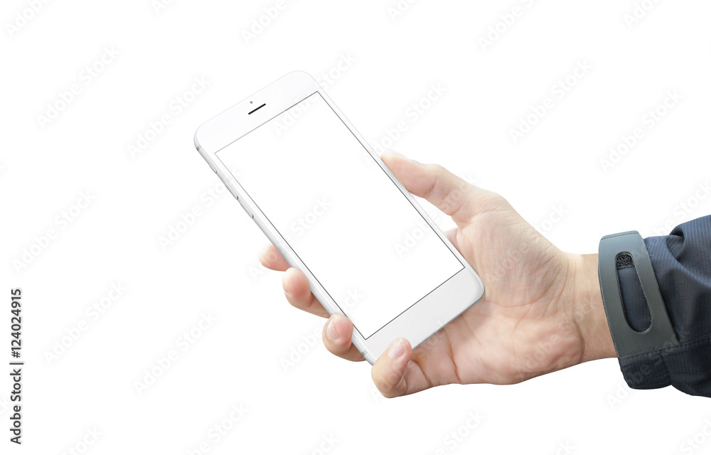 Poster Isolated white smart phone in man hand. Silver side with volume button. Blank screen of mobile device for mockup.