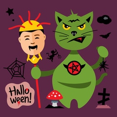 Vector Halloween Cat in Graveyard Cartoon Illustration.