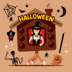 Vector Halloween Witch Hut Cartoon Illustration.