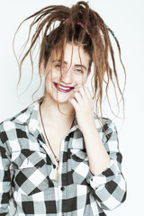 real caucasian woman with dreadlocks hairstyle funny cheerful fa