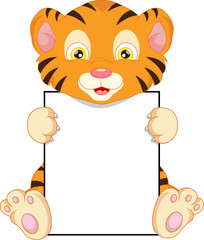 cute baby tiger cartoon and blank sign