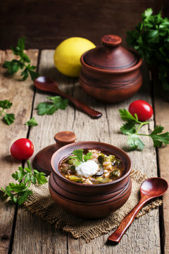 Russian cuisine: Solyanka - Soup from different kinds of meat an