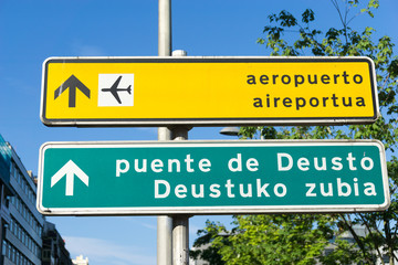 Bi-lingual Spanish Euskera direction signs in Bilbao, Spain