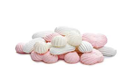 pink and white meringue cake isolated on white background