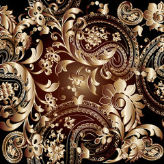 Baroque damask floral vector seamless pattern wallpaper illustration with vintage antique decorative gold 3d baroque damask flowers leaves ornaments.Baroque wallpaper.Baroque seamless ornament