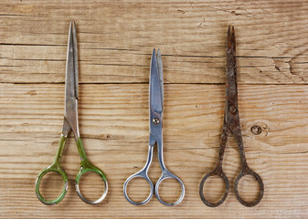 old tailor scissors  on the wooden background