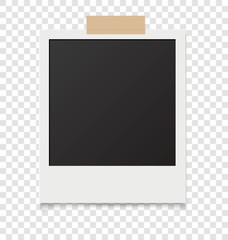 Realistic blank instant photos isolated on sticky tape. Vector illustration.