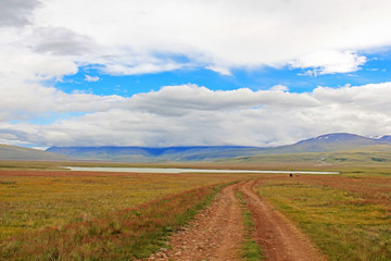 Fototapeta na wymiar Road on a highland mountain plateau with orange grass at the bac