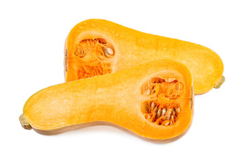 Butternut pumpkin halved. Two halves of butternut squash isolated on white background.