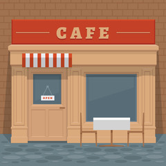 Facade local street cafe with windows, doors and table, front view. Front of house. Vector detailed illustration.