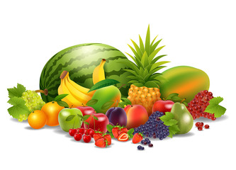 Fresh juicy fruit and berries isolated on white background.