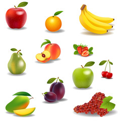 Fresh juicy fruit and berries isolated on white background.