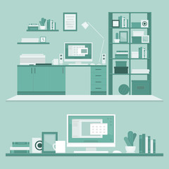 Workplace freelancer with desk, computer, shelves and equipment. Workspace. Home office. Work room modern interior. Flat design style, vector illustration.