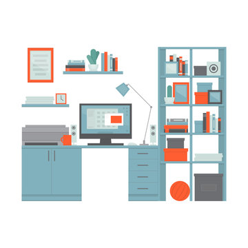 Workplace freelancer with desk, computer, shelves and equipment. Workspace. Home office. Work room modern interior. Flat design style, vector illustration. Isolated on white background.