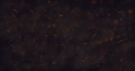 Halloween dark cloudy background with pumpkins, bats, ghosts and spiders