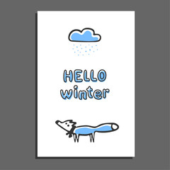 Hello winter greeting card with rainy cloud and cute fox. Vector illustration. Sweet childish blue doodle fox