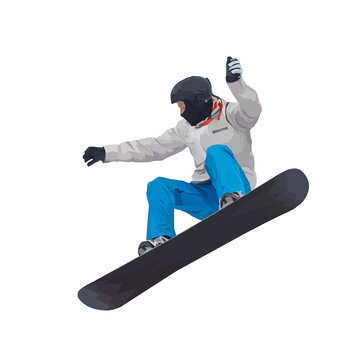 Winter sport, snowboarding - vector illustration of a young boy snowboarder doing a jump on a snowboard