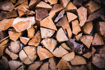 Closeup Firewood background , chopped firewood on a stack