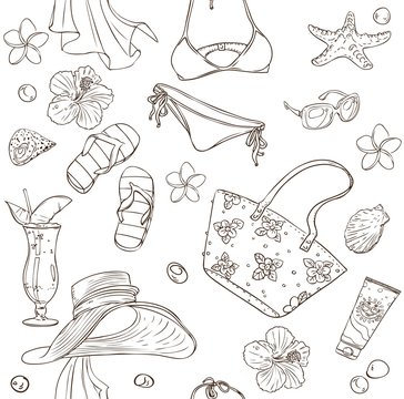 Seamless pattern on a beach theme - goggles, a swimsuit, clams o