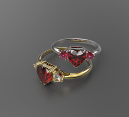 Wedding rings with diamond heart. 3D illustration