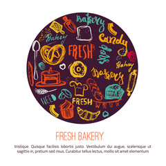 Bakery banner with lettering on white background. Hand drawn illustration for menus, banners, recipes and packages.