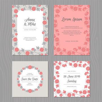 Wedding card set with flower. Grey, pink and black color.
