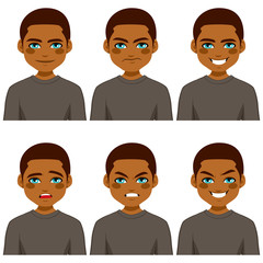 Young African American man making six different face expressions collection wearing grey shirt